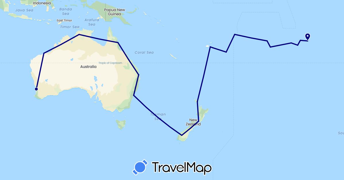 TravelMap itinerary: driving in Australia, Fiji, France, New Zealand, Tonga, Samoa (Europe, Oceania)